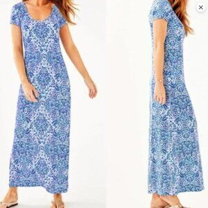 Lilly Pulitzer Wynne Maxi T-shirt Dress In Call My Shell Phone Blue White Size M